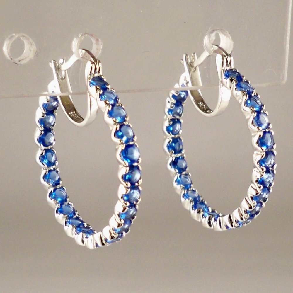 New Blue Cubic Zirconias Silver Hoop Designer Earrings